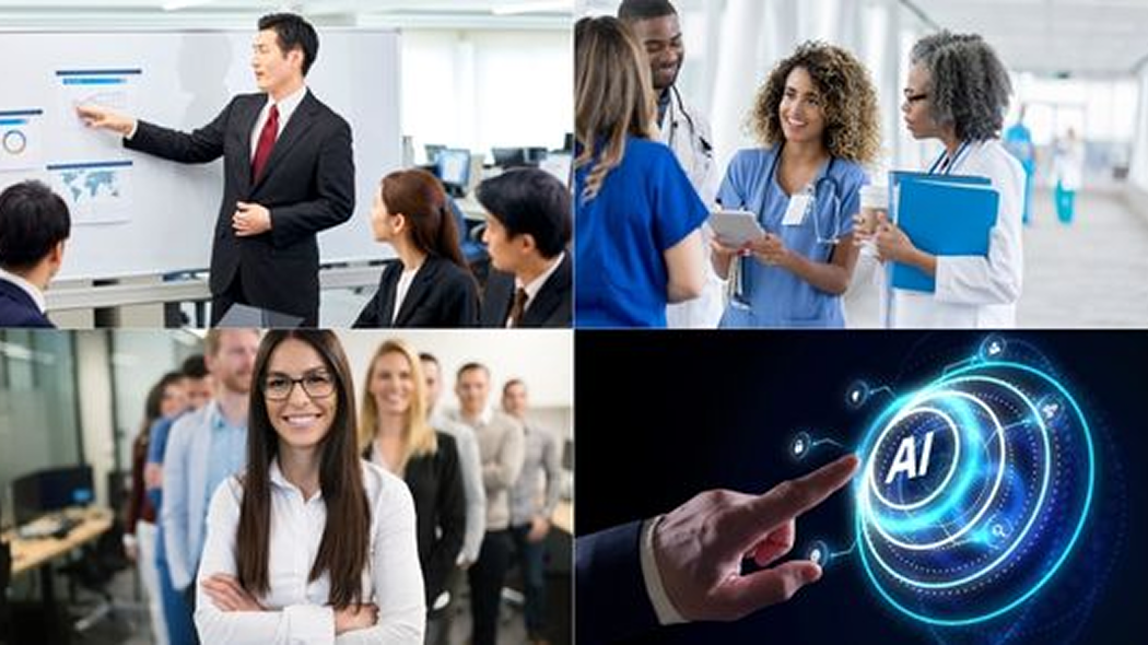 Business, healthcare, workforce, and artificial intelligence professionals working together